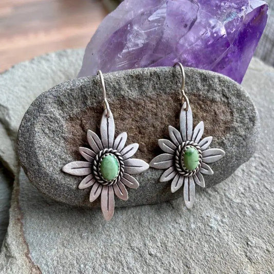 Sterling Silver Lotus Earrings with Green Stones Unique Joyas