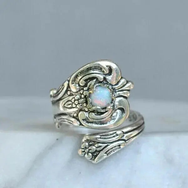 White Opal Spoon Adjustable Ring Unique Joyas