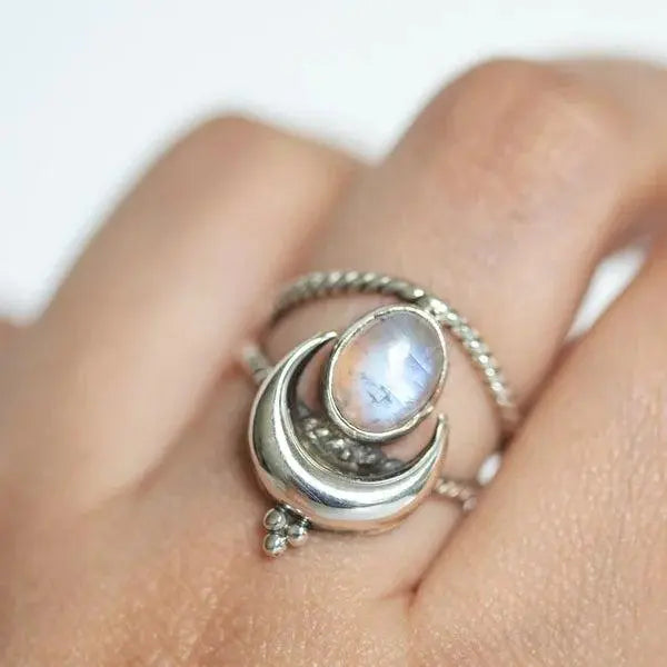 Oval Rainbow Moonstone Moon Phase Ring Unique Joyas