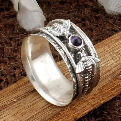 Bee Purple Gemstone Meditation Ring Unique Joyas