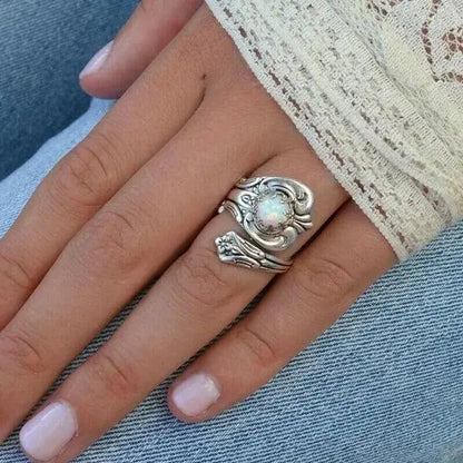 White Opal Spoon Adjustable Ring Unique Joyas