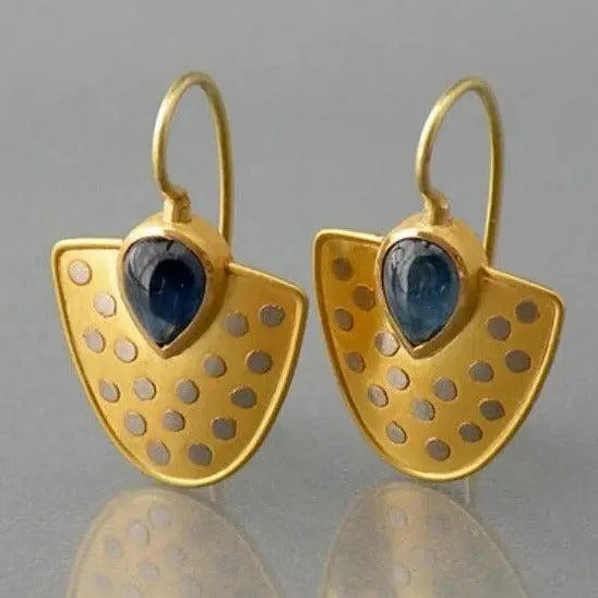 Golden Shield with Blue Crystal Earrings Unique Joyas