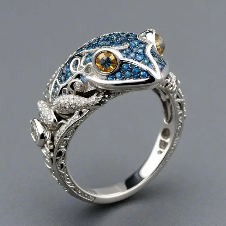 Vintage Blue Glossy Frog Ring in Sterling Silver Unique Joyas