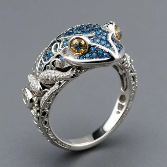 Vintage Blue Glossy Frog Ring in Sterling Silver