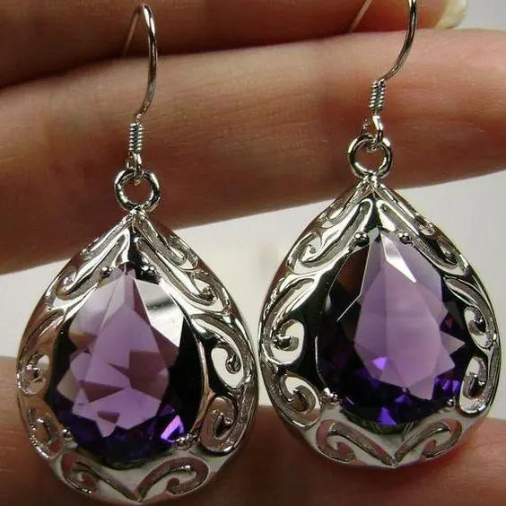 Vintage Silver Earrings with Purple Crystal Drops Unique Joyas