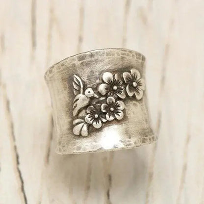 Bird Flower Wide Band Ring Unique Joyas