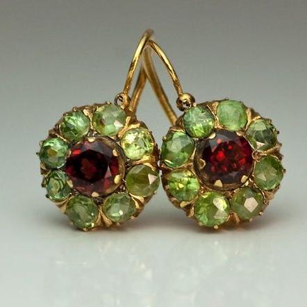 Vintage Rounded Green & Red Crystal Earrings Claire Jewelry