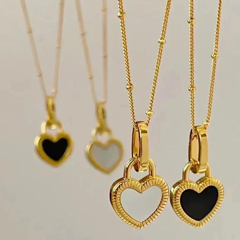 Black and White Heart Necklace in Gold