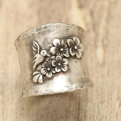 Bird Flower Wide Band Ring Unique Joyas