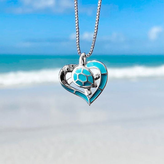 Turtle Heart Necklace Blue and Silver Unique Joyas