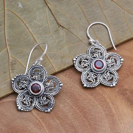 Vintage Red Crystal Flower Mandala Earrings Unique Joyas