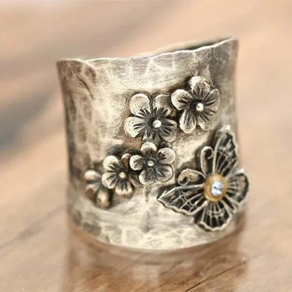 Bee Flower Butterfly Wide Band Ring Unique Joyas