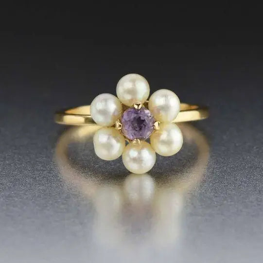 Vintage Gold Pearl Flower Ring with Purple Crystal Unique Joyas