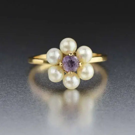 Vintage Gold Pearl Flower Ring with Purple Crystal