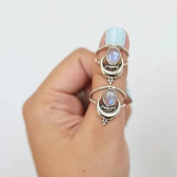 Oval Rainbow Moonstone Moon Phase Ring Unique Joyas