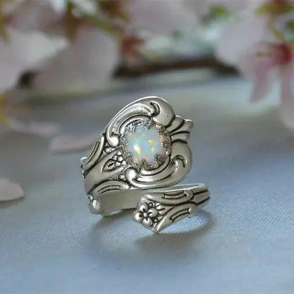 White Opal Spoon Adjustable Ring Unique Joyas