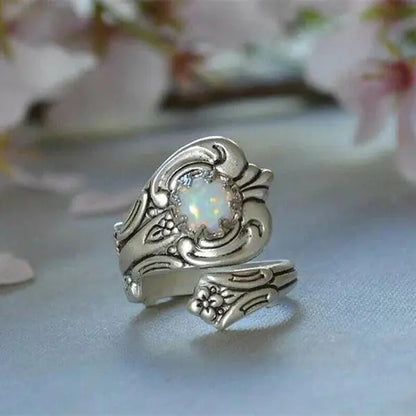 White Opal Spoon Adjustable Ring Unique Joyas