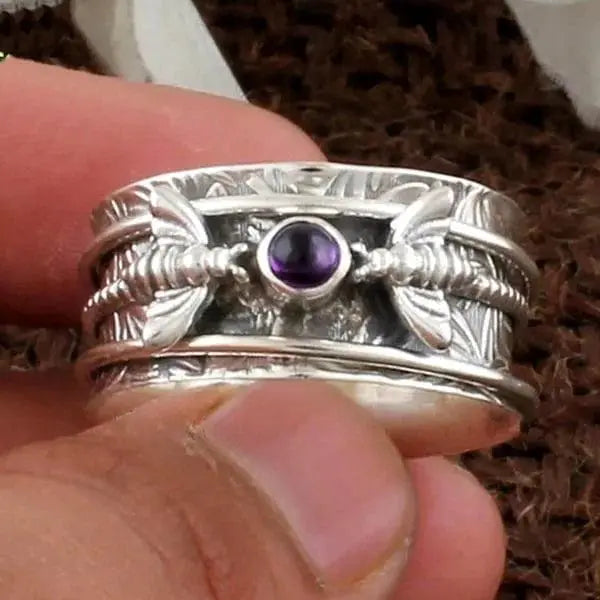 Bee Purple Gemstone Meditation Ring Unique Joyas