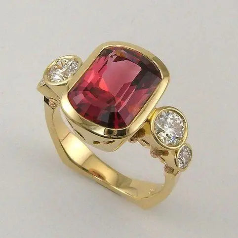 Vintage Red Glass Zirconia Gold Ring Unique Joyas