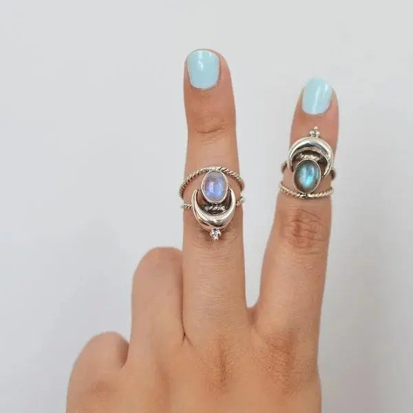 Oval Rainbow Moonstone Moon Phase Ring Unique Joyas