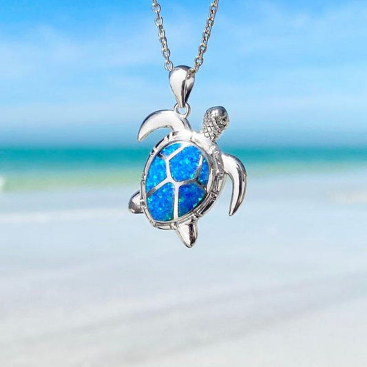 Blue Opal Sea Turtle Necklace Unique Joyas