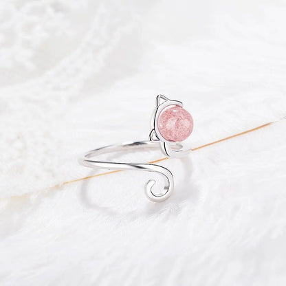 925 Sterling Silver and Pink Agate Kitten Ring Unique Joyas