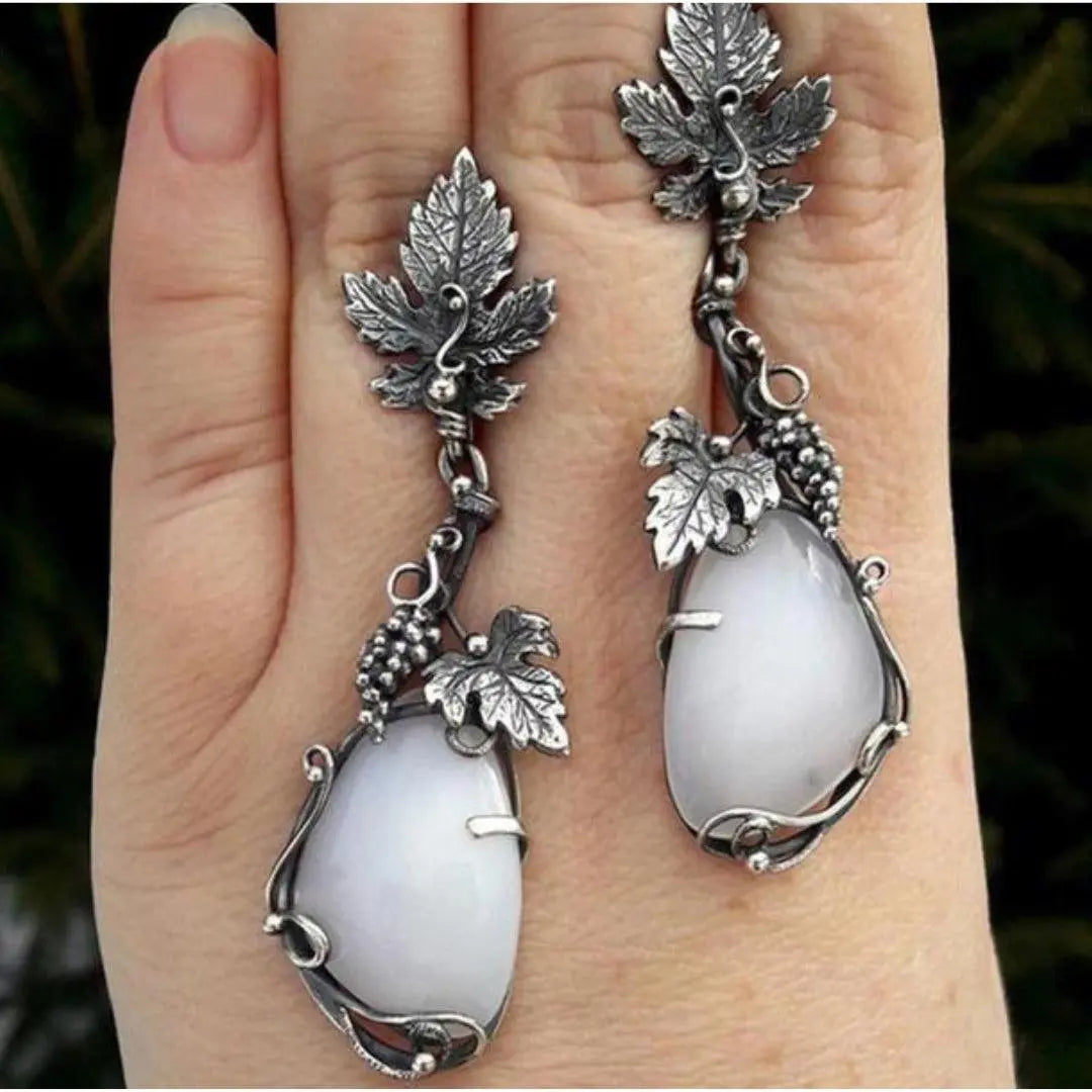 Boho Leaf Earrings with White Opal in Sterling Silver Unique Joyas