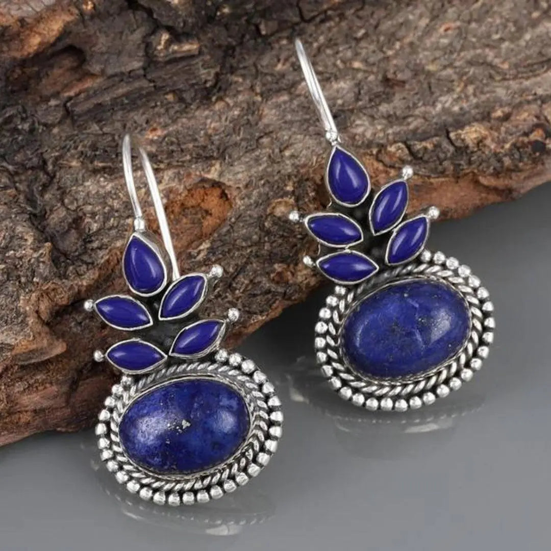 Boho earrings with blue opal and sterling silver flowers Unique Joyas