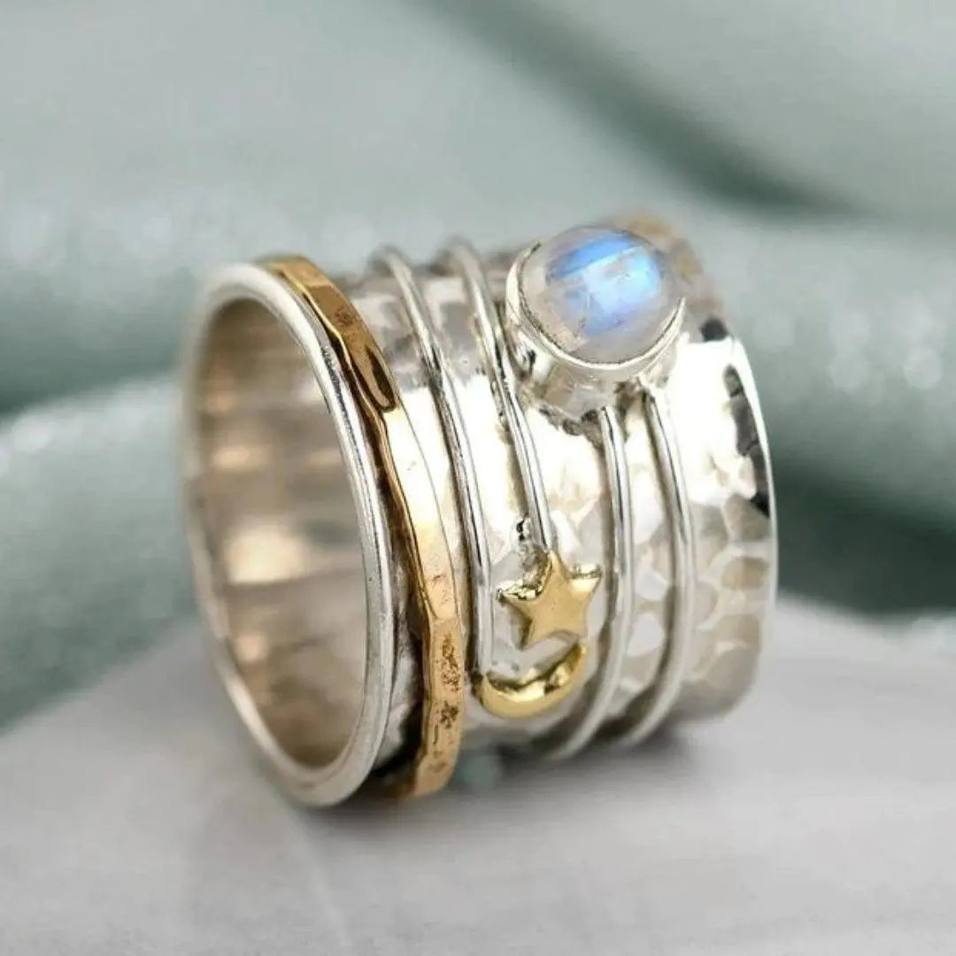 Star and Moon Moonstone Spinner Ring Unique Joyas