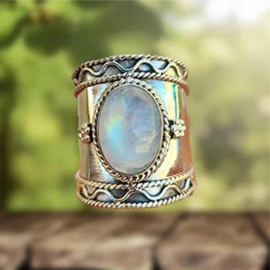 Bohemian Moonstone Ring with Wide Band