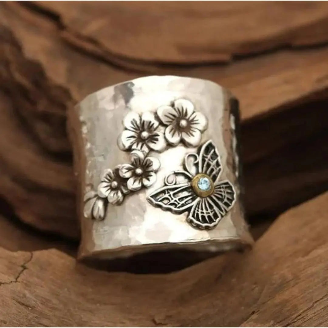 Bee Flower Butterfly Wide Band Ring Unique Joyas