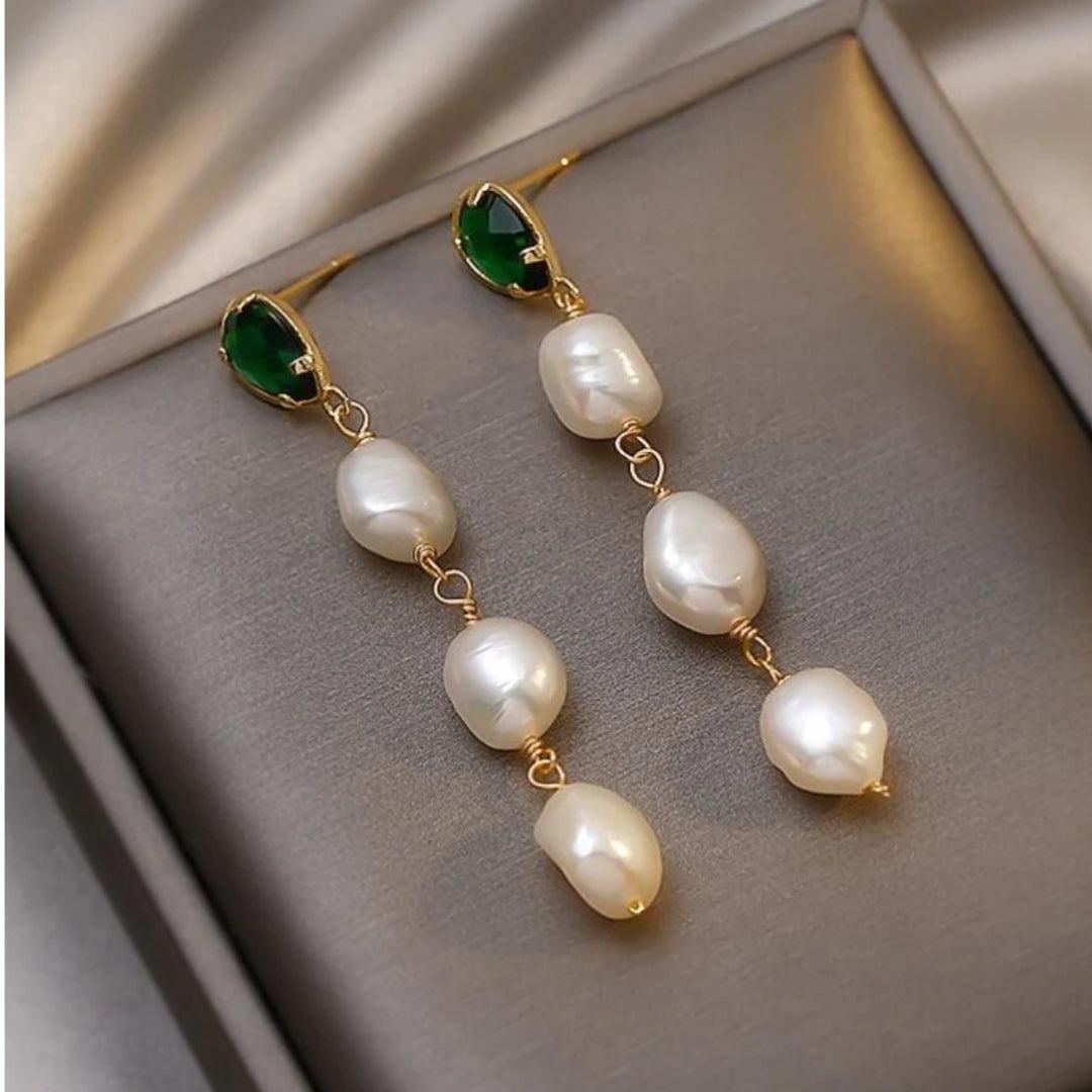 Emerald Pearl Pendant Earrings in Gold