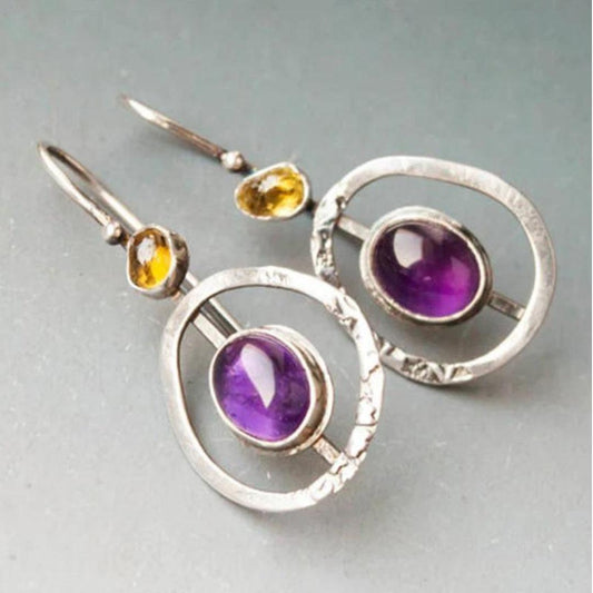 Round Boho Earrings with Amethyst in Silver Unique Joyas