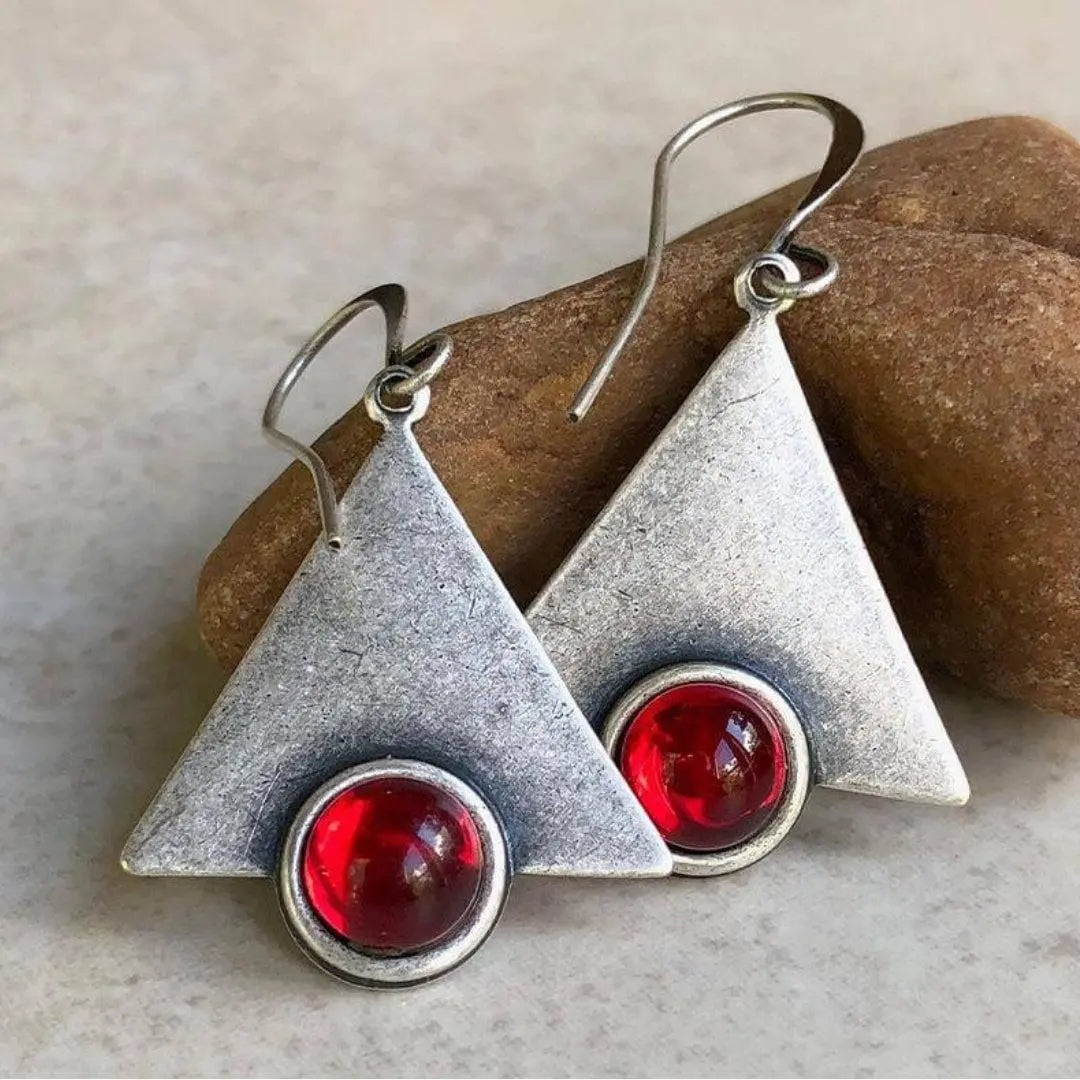 Boho Triangle Earrings with Red Stones in Sterling Silver Unique Joyas