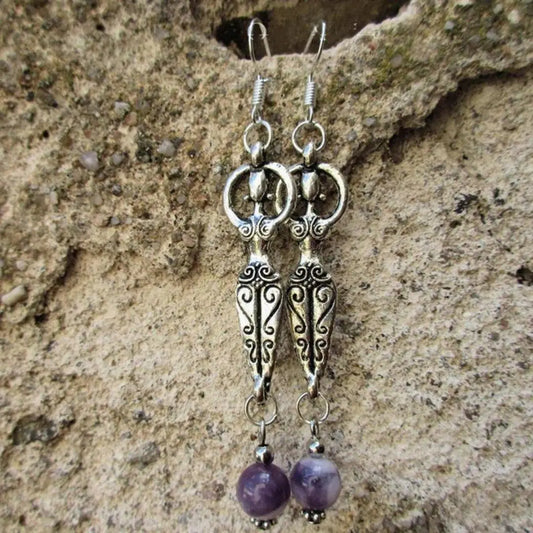 Vintage Pendant Earrings with Amethyst in Sterling Silver Unique Joyas