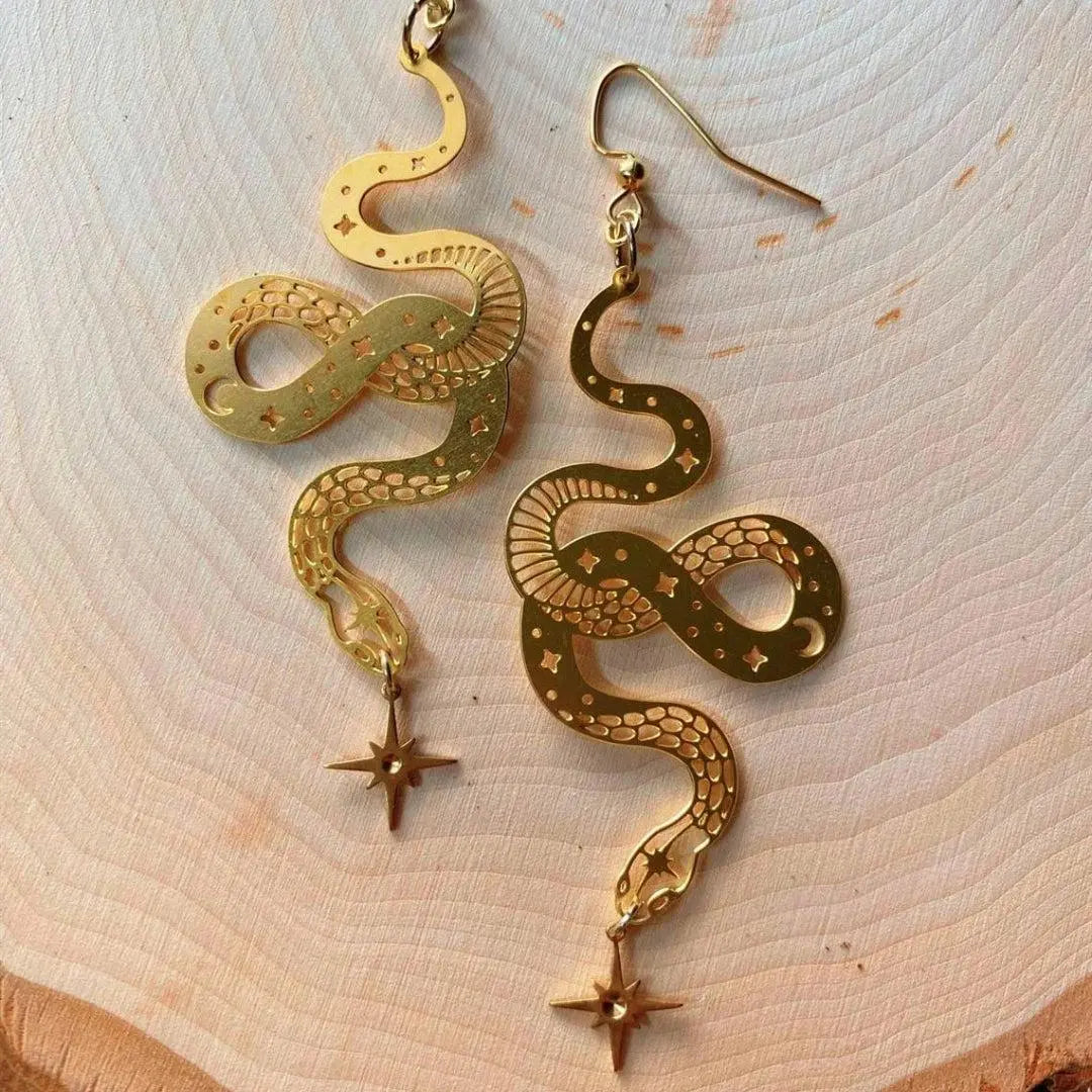 Gold Star Snake Pendant Earrings Unique Joyas