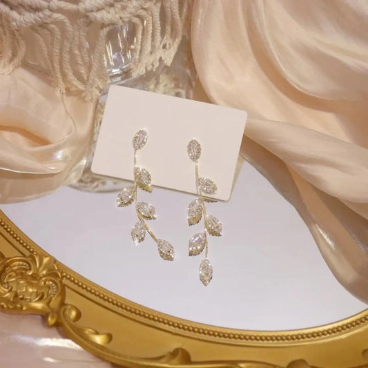 Zirconia Leaf Pendant Earrings in Gold and Silver Unique Joyas