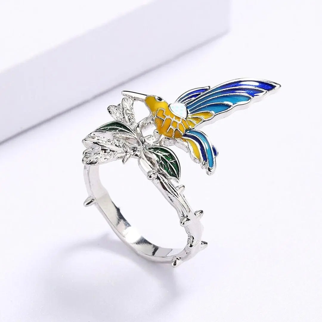 Hand-painted Silver Handmade Bird Ring Unique Joyas