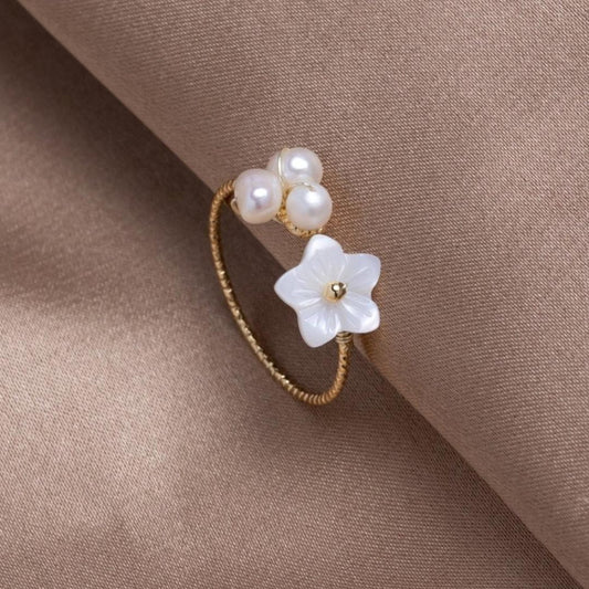 Adjustable Pearl Flower Ring in Gold Claire