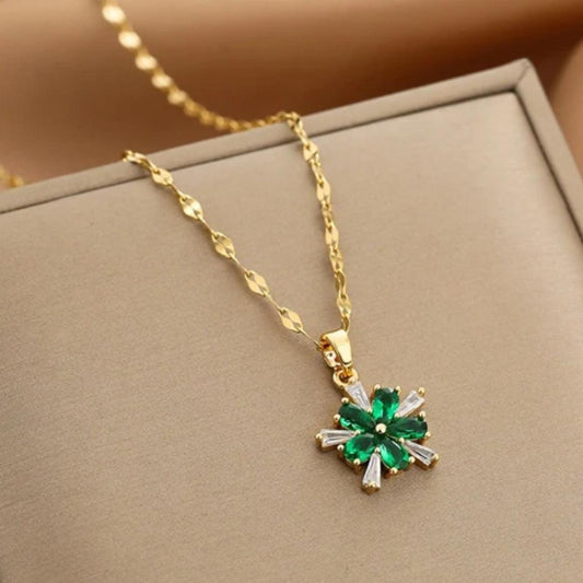 Green Crystal Flower Necklace in Gold