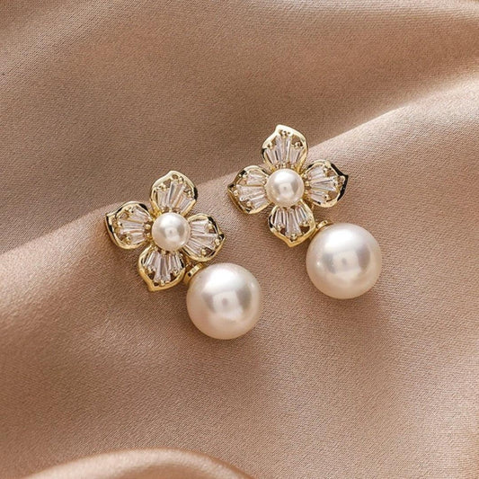 Crystal Flower Earrings with Gold Pearls