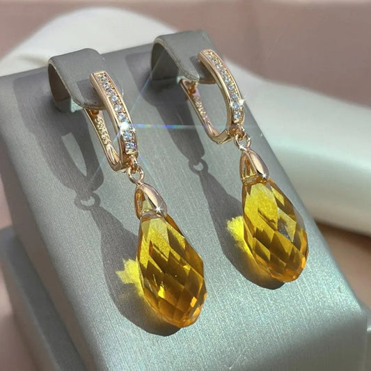 Yellow Crystal Drop Earrings in Gold Unique Joyas