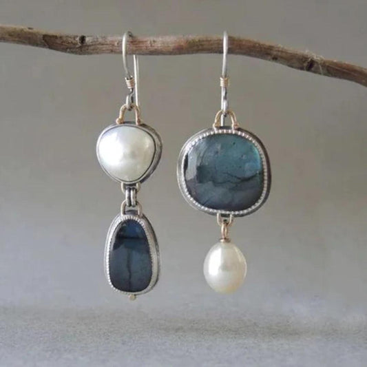 Vintage blue natural stone with pearl earrings Unique Joyas