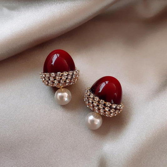 Red Hazelnut with Pearls Earrings Unique Joyas