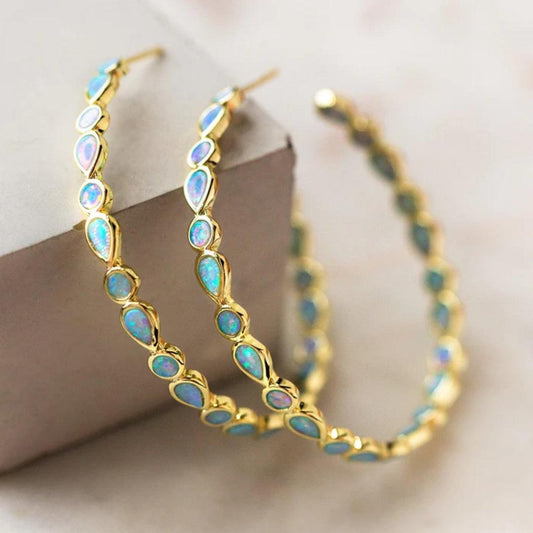 Vintage Blue Opal Gold Earrings