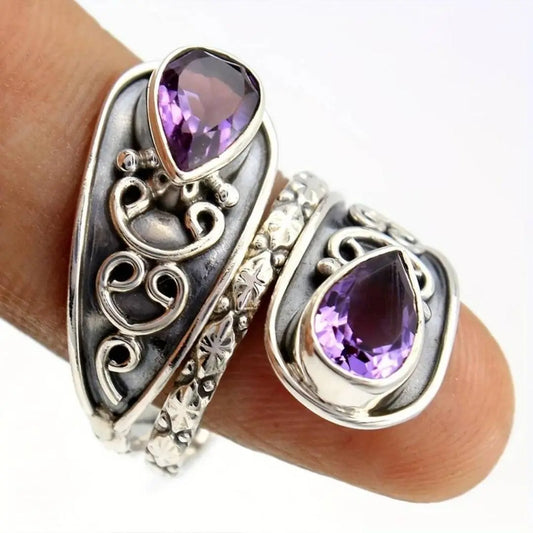 Vintage Silver Plated Purple Crystals Ring Unique Joyas