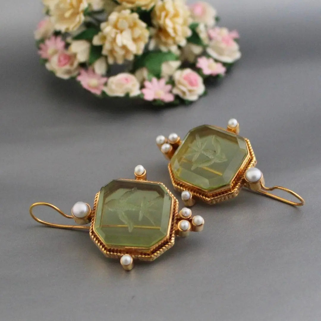 Vintage Green & Pearl Earrings Unique Joyas