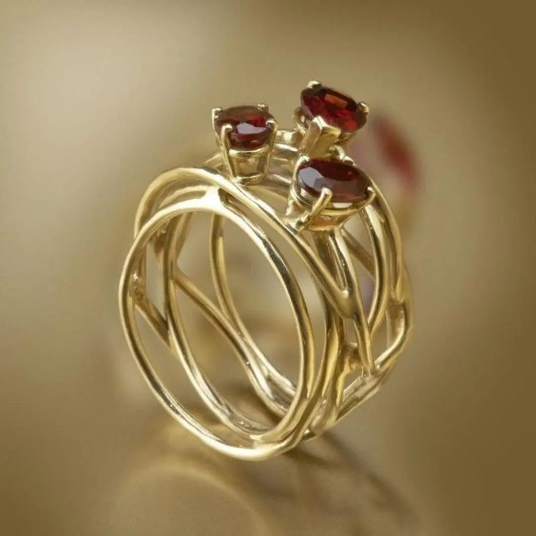 Vintage Red Zirconia Golden Thin Ring Unique Joyas