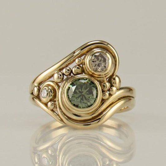 Vintage Golden Green Zirconia Ring Unique Joyas