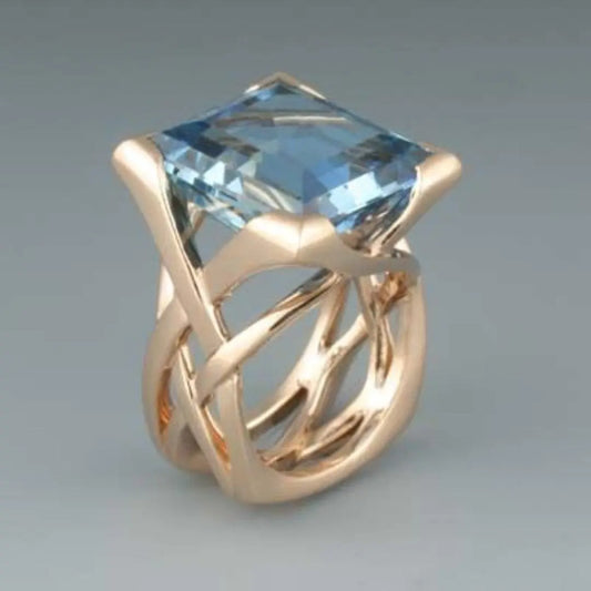 Vintage Rose Gold Blue Zirconia Ring Unique Joyas